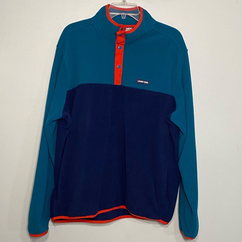 Lands End Mens XL Fleece Pullover Snap Collar Teal & Navy